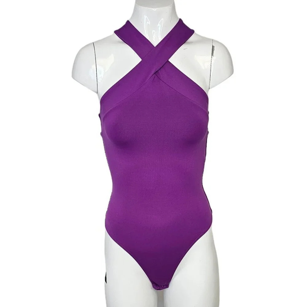 Aritzia Contour Purple Halter Cross-Neck Bodysuit